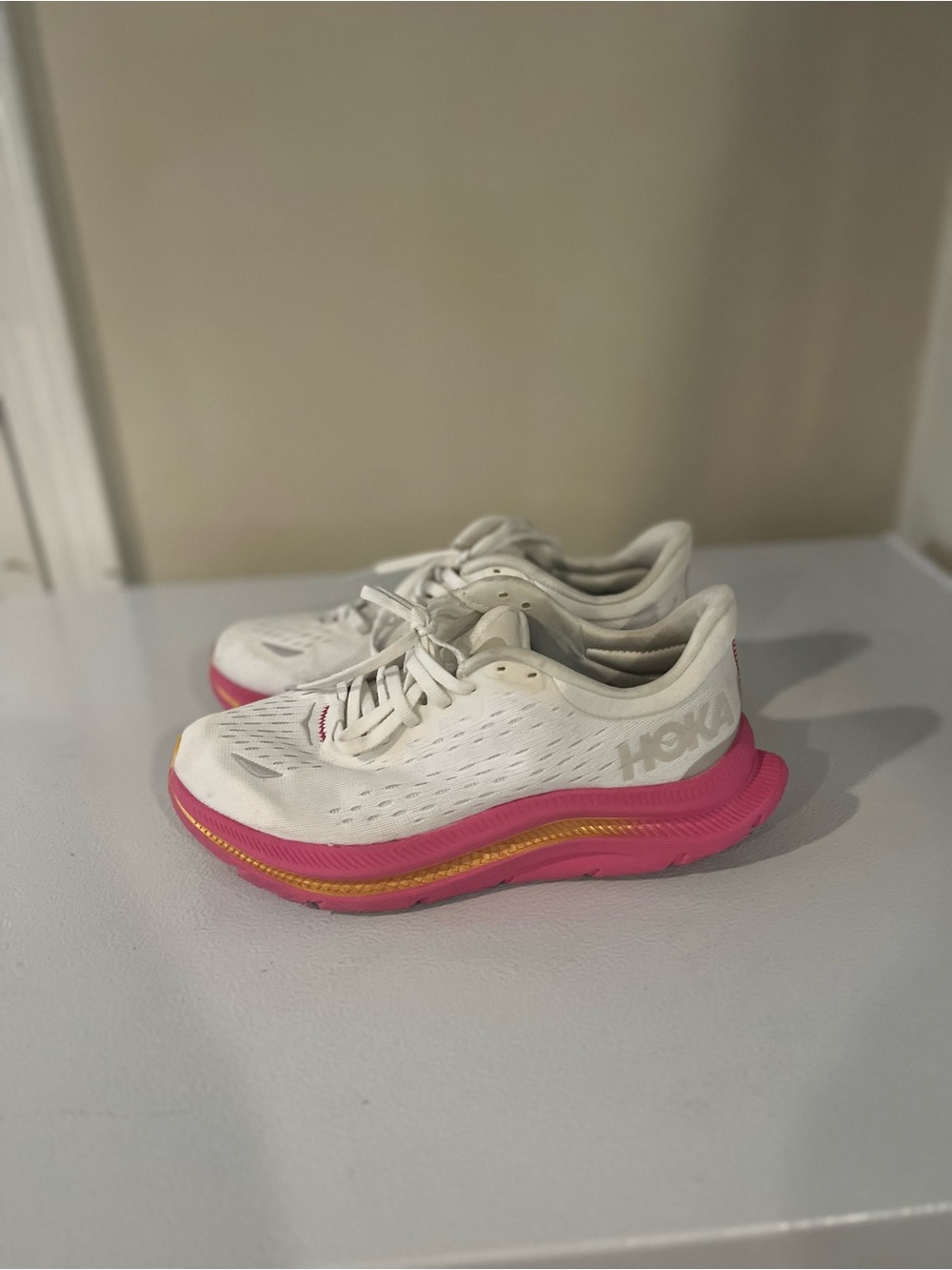 Hoka One One Women's White Running Shoes with Pink and Yellow Midsole